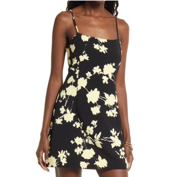 FLORAL PRINT FITTED MINIDRESS IN BLACK- YELLOW WIND FLORAL Size L - Picture 1 of 11